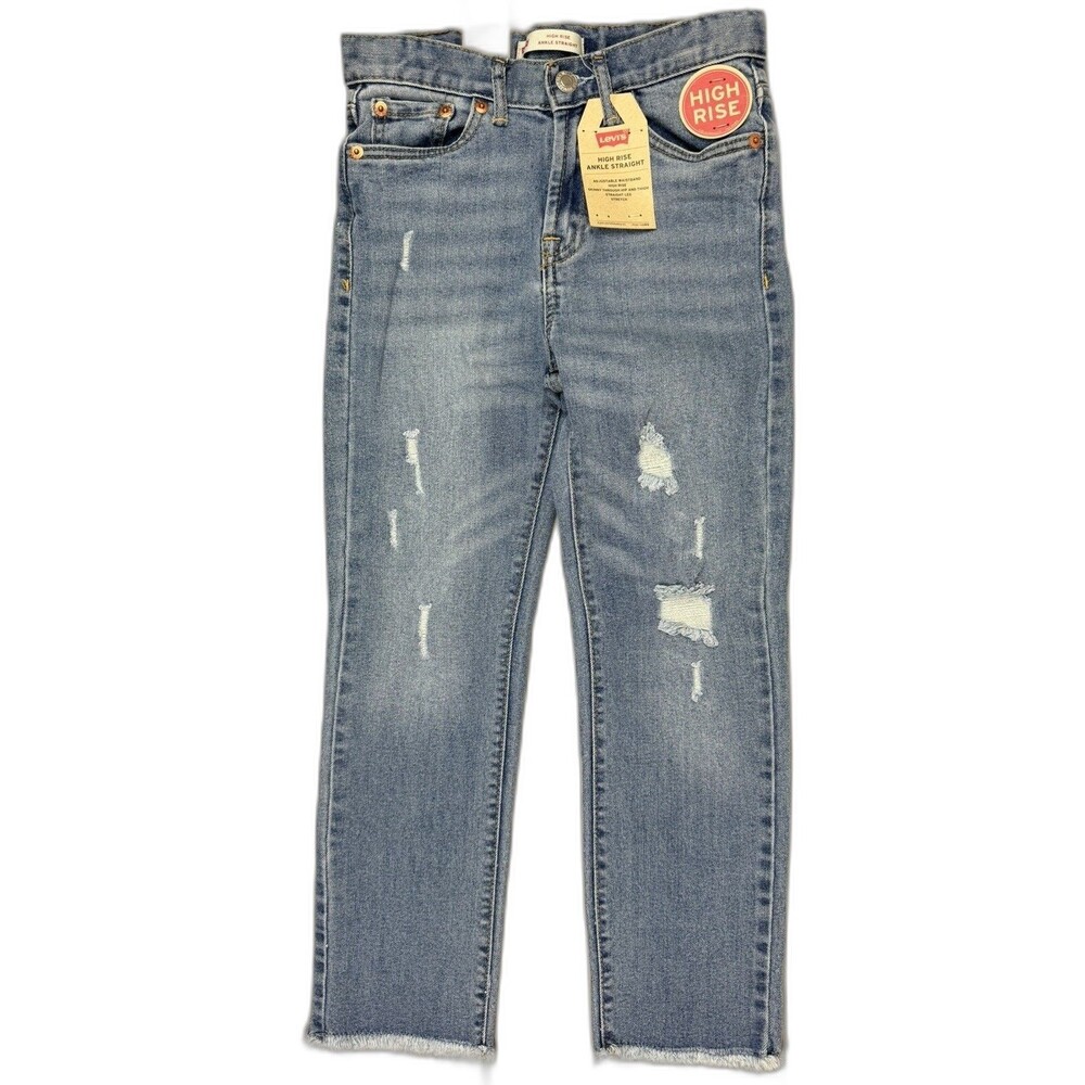 Levis Size 10 Girls Jeans High Rise Ankle Straight Raw Hem Adjustable Waist